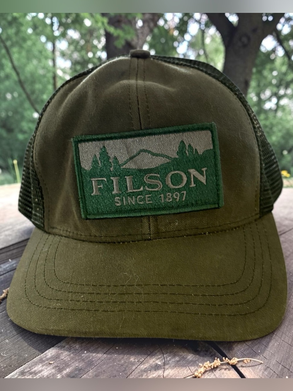 Filson Olive Green Outdoor Trucker Canvas and Mesh Hat